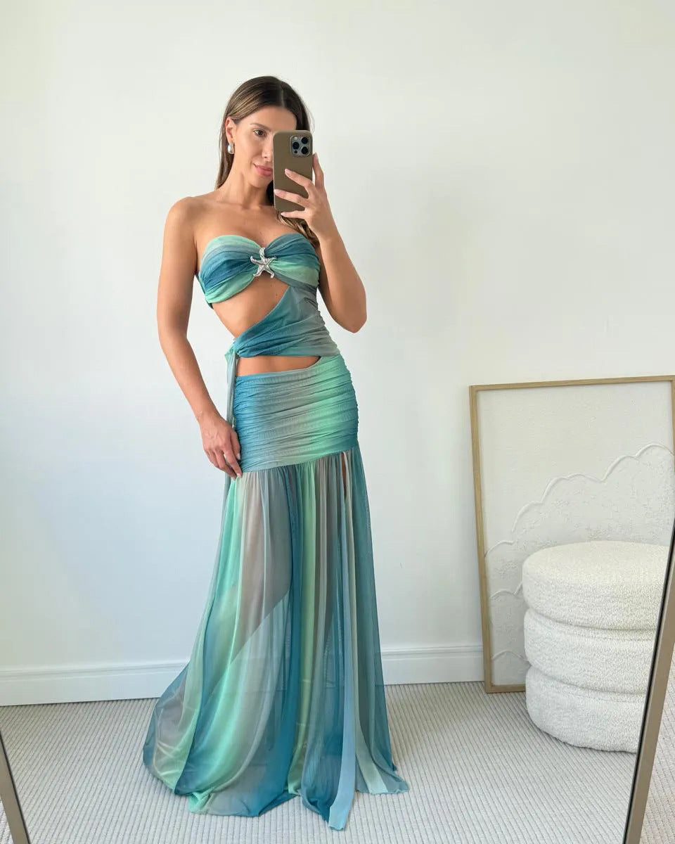 Celestine | Women's Ruched Strapless Cut-Out Maxi Evening Dress