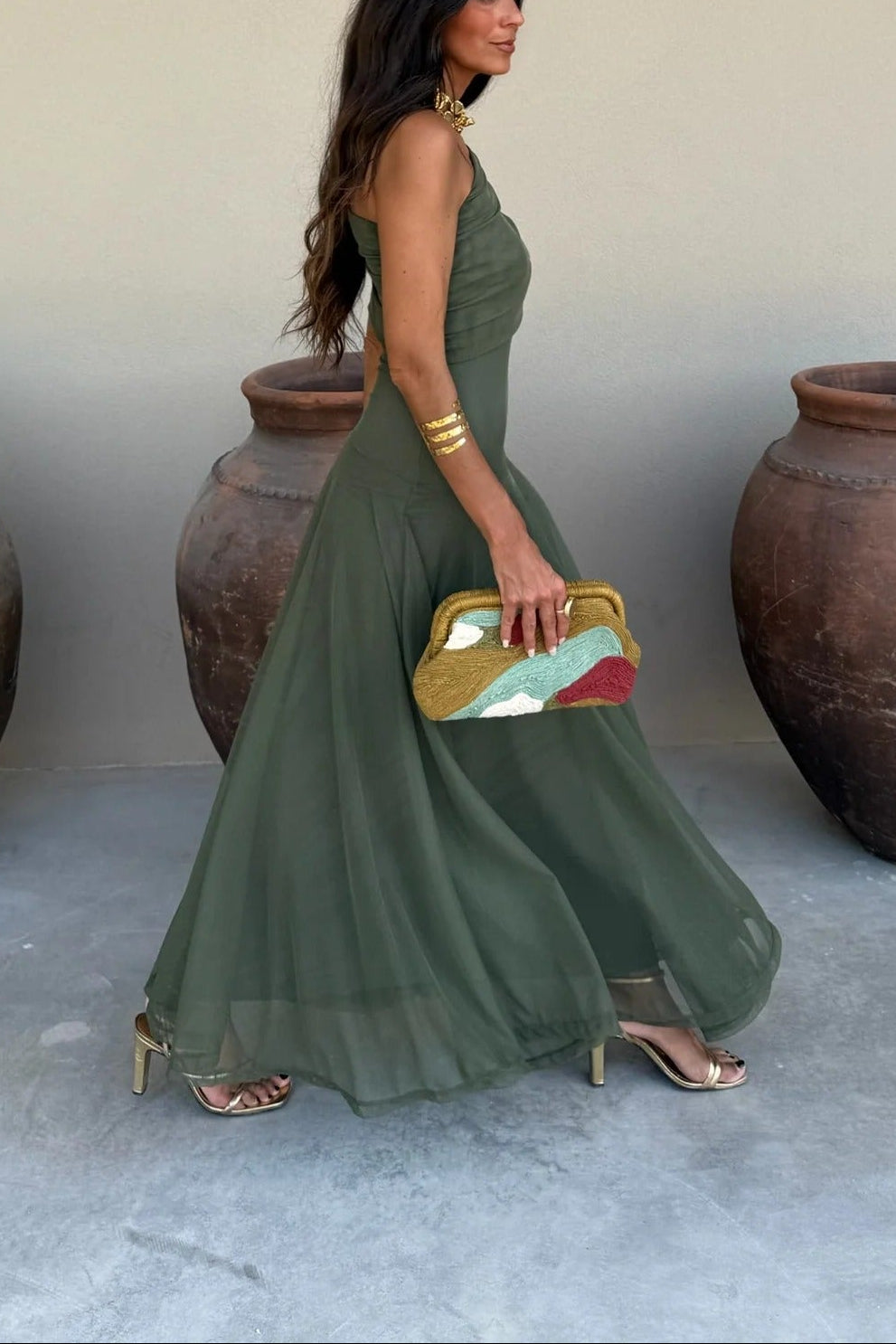 Isolde | Women's Ruched One-Shoulder Drop-Waist Maxi Wedding Guest Dress