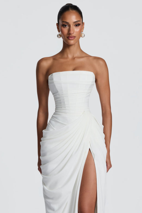 Alessia | Women's Ruched Strapless High-Slit Maxi Hens Party Dress