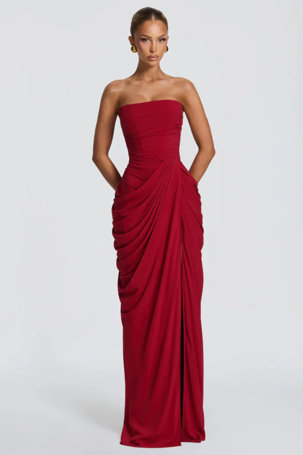 Alessia | Women's Ruched Strapless High-Slit Maxi Hens Party Dress