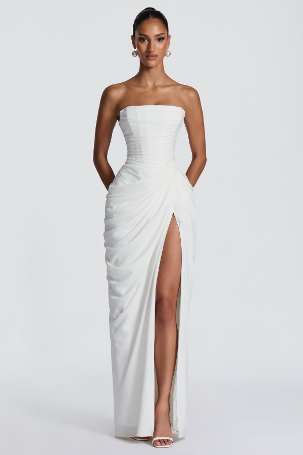 Alessia | Women's Ruched Strapless High-Slit Maxi Hens Party Dress