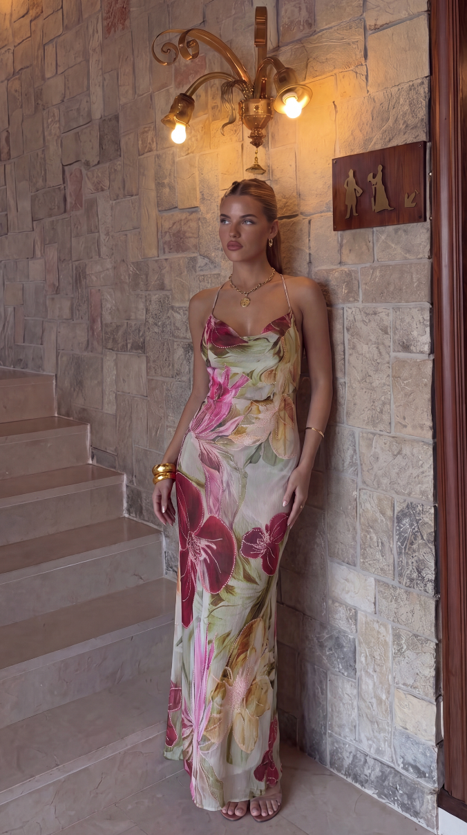 Amaris | Women's Floral Cowl Neck Spaghetti Strap Maxi Summer Dress