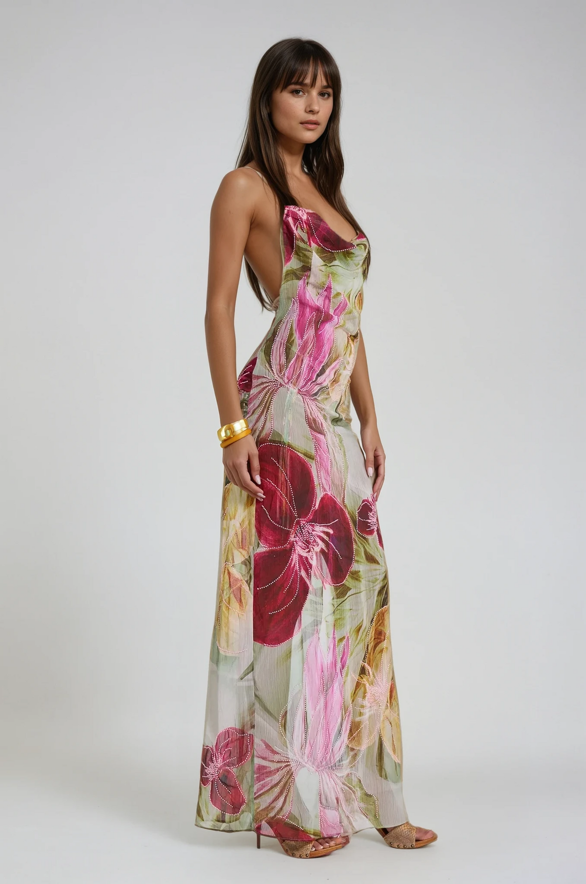 Amaris | Women's Floral Cowl Neck Spaghetti Strap Maxi Summer Dress