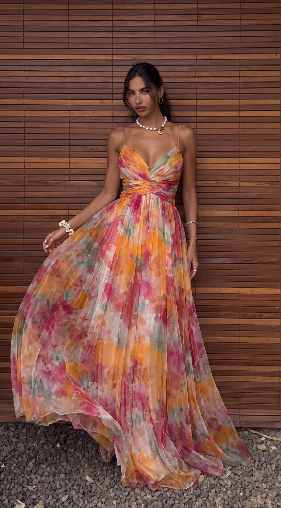 Calista | Women's Floral Pleated Spaghetti Strap Maxi Wedding Guest Dress