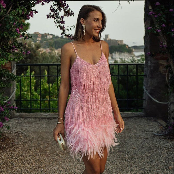 Delphine | Women's Fringe Feather-Trim Spaghetti Strap Mini Party Dress