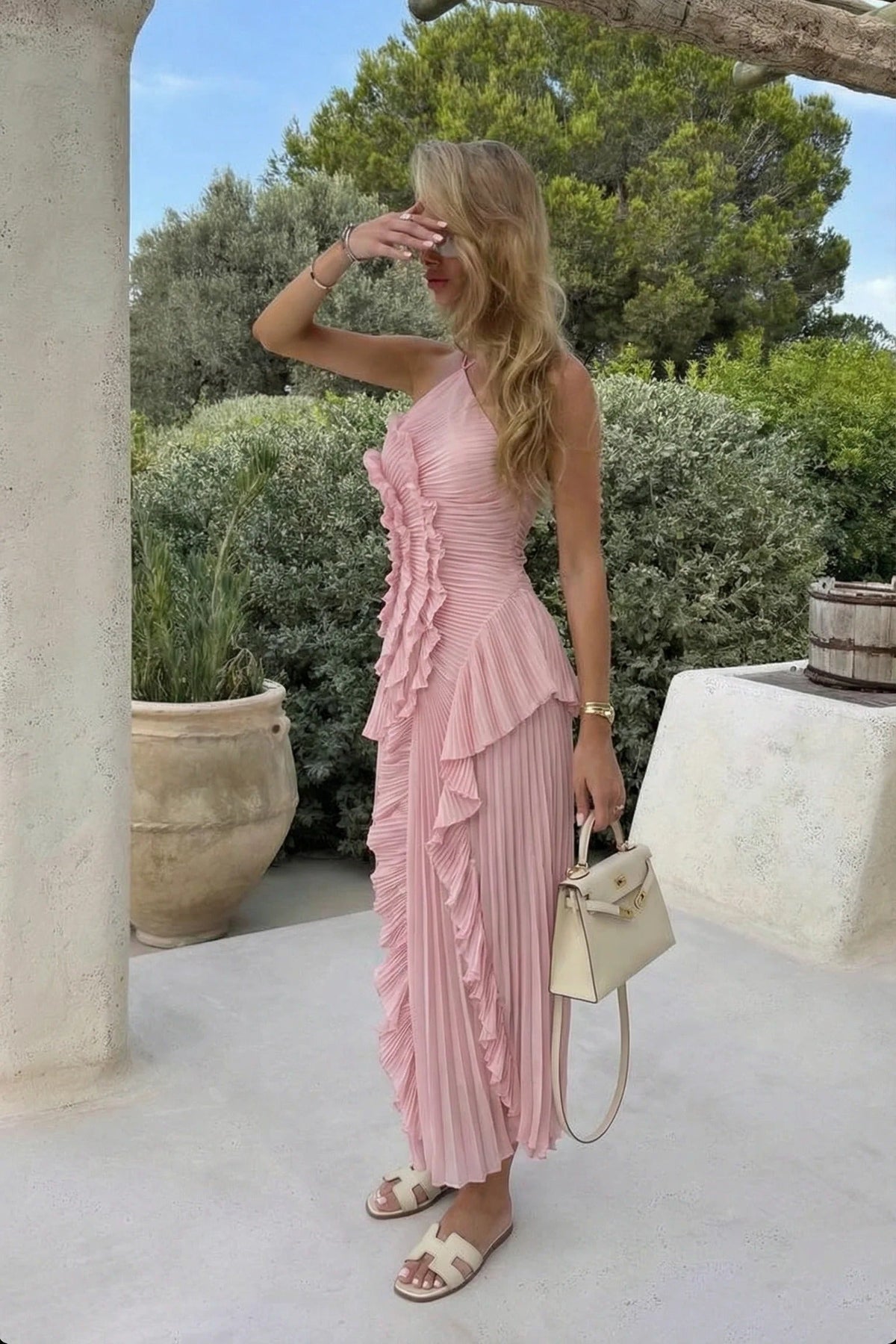 Elowen | Women's Pleated Ruffled Asymmetric Maxi Wedding Guest Dress