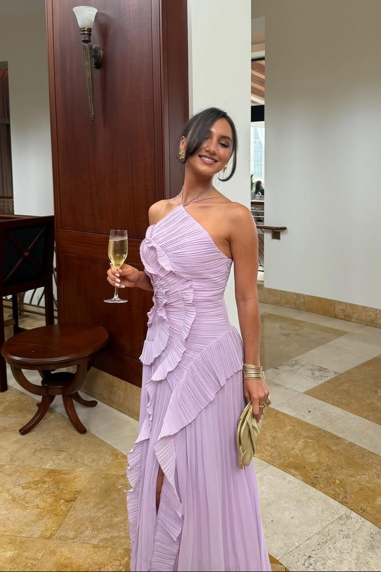 Elowen | Women's Pleated Ruffled Asymmetric Maxi Wedding Guest Dress