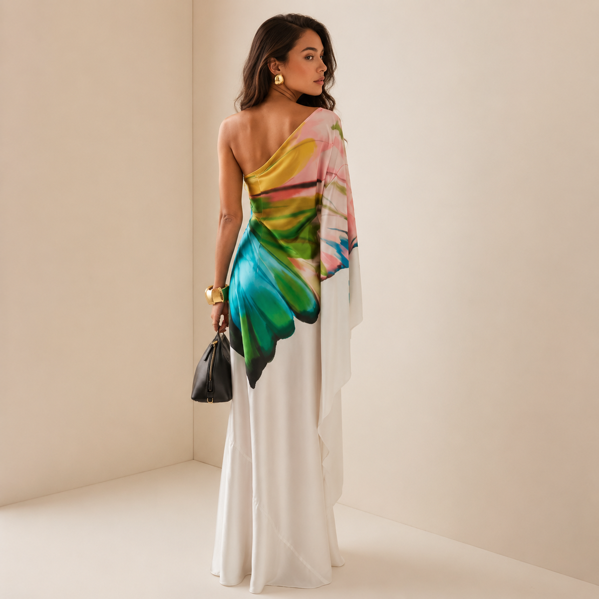 Isadora | Women's Abstract Print One-Shoulder Draped Sleeve Maxi Evening Dress
