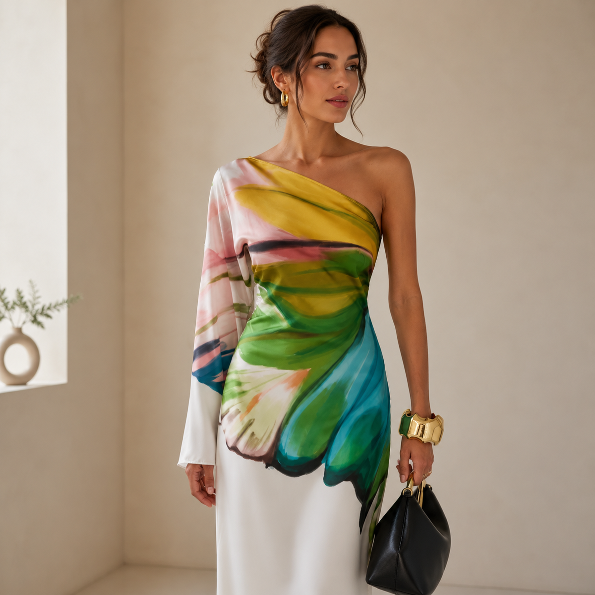 Isadora | Women's Abstract Print One-Shoulder Draped Sleeve Maxi Evening Dress
