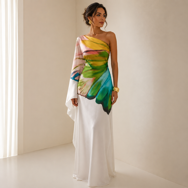 Isadora | Women's Abstract Print One-Shoulder Draped Sleeve Maxi Evening Dress