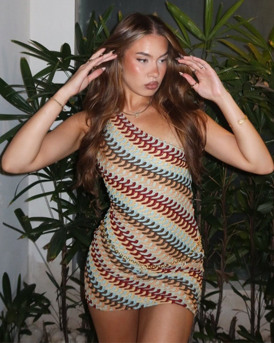 Leontine | Women's Crochet One-Shoulder Striped Mini Summer Holiday Dress