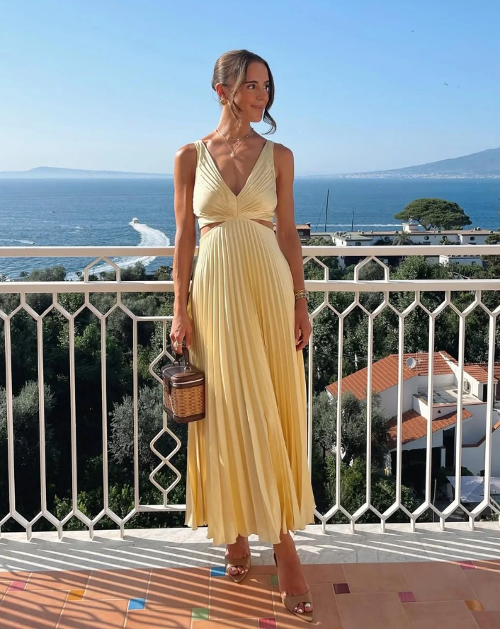 Liora | Women's Pleated Cut-Out V-Neck Maxi Summer Wedding Guest Dress