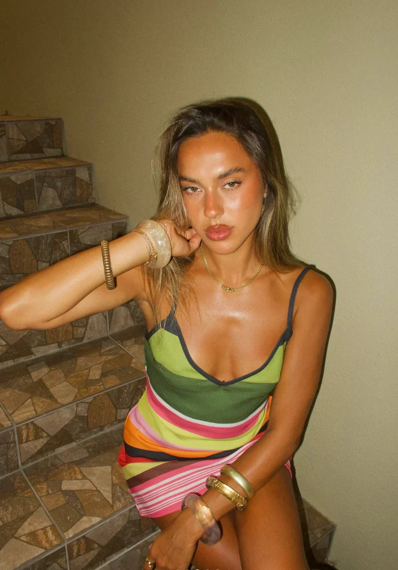 Marielle | Women's Striped V-Neck Spaghetti Strap Mini Summer Party Dress
