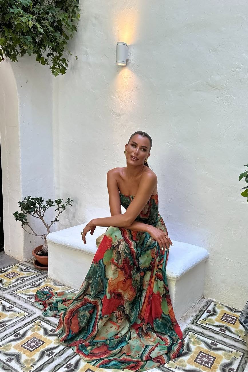 Nerissa | Women's Abstract Print Spaghetti Strap Drop-Waist Maxi Vacation Dress