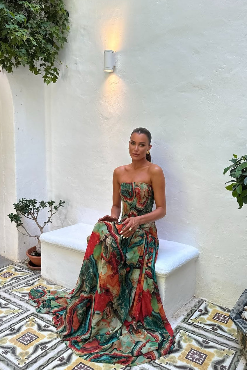 Nerissa | Women's Abstract Print Spaghetti Strap Drop-Waist Maxi Vacation Dress