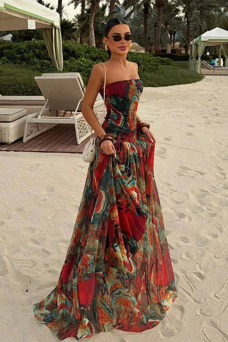 Nerissa | Women's Abstract Print Spaghetti Strap Drop-Waist Maxi Vacation Dress