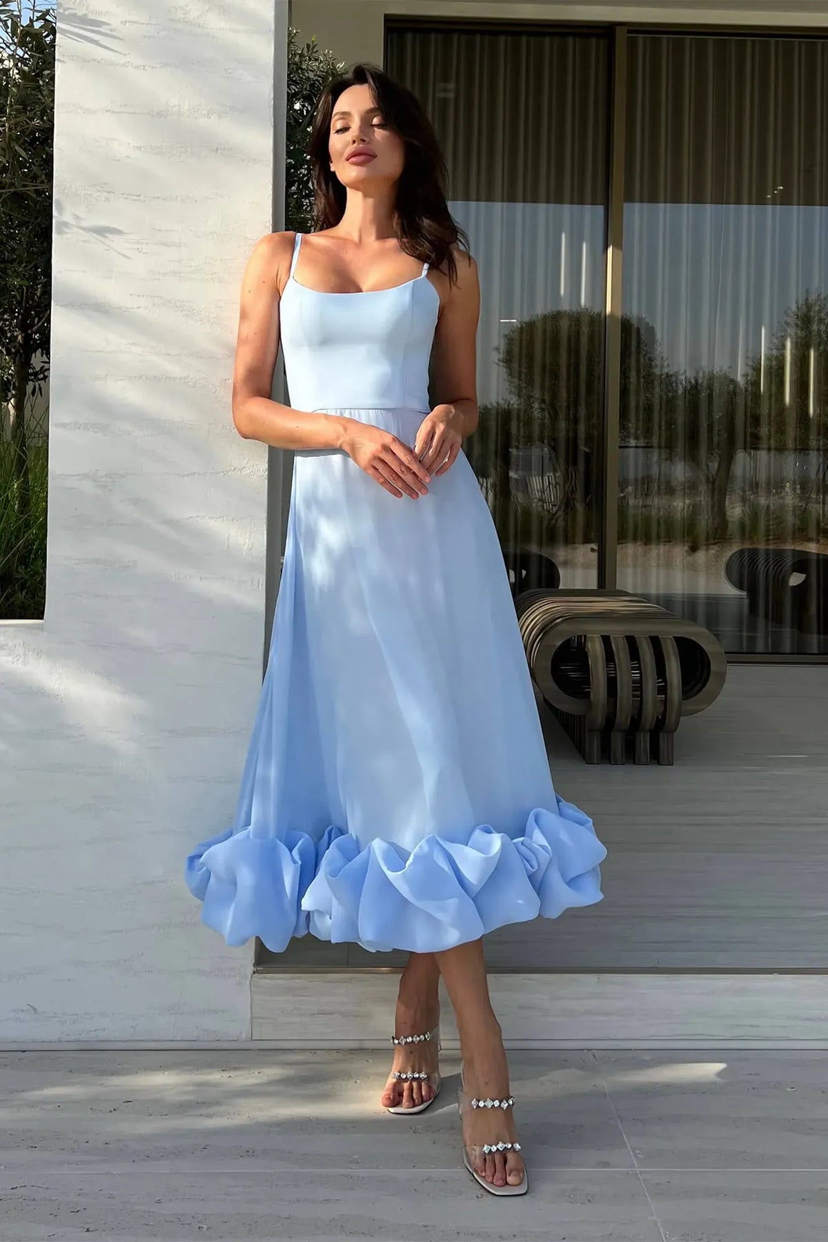 Ottilie | Women's Spaghetti Strap Ruffled Hem Midi Spring Dress