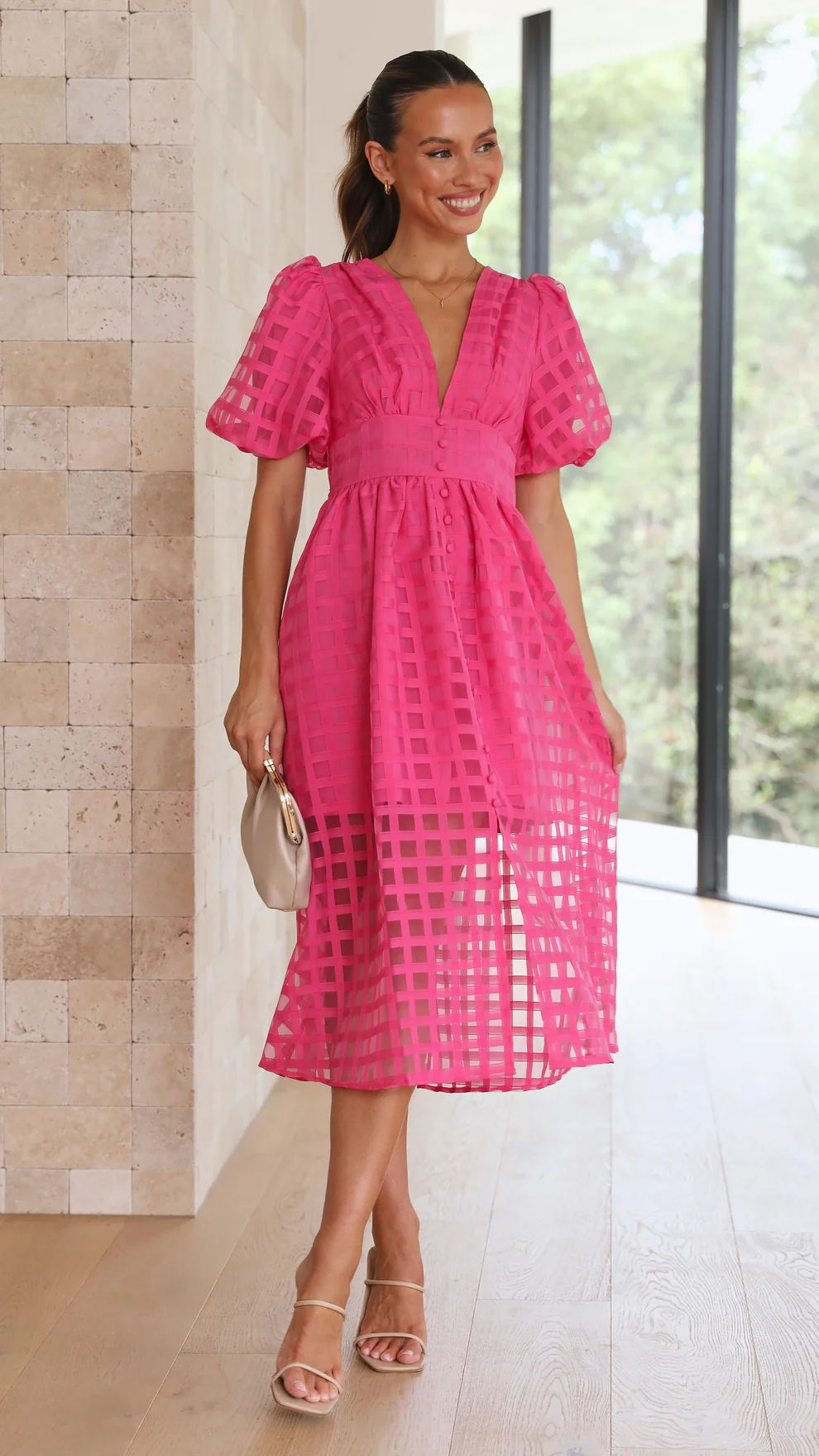 Rosalind | Women's V-Neck Puff Sleeve Textured Midi Wedding Guest Dress