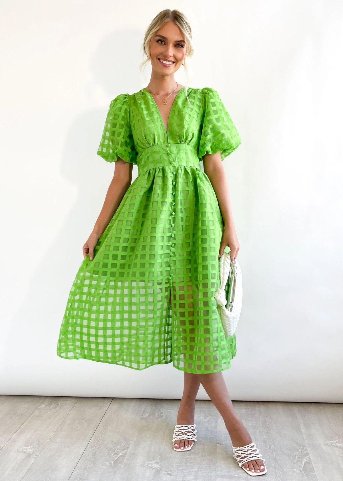 Rosalind | Women's V-Neck Puff Sleeve Textured Midi Wedding Guest Dress