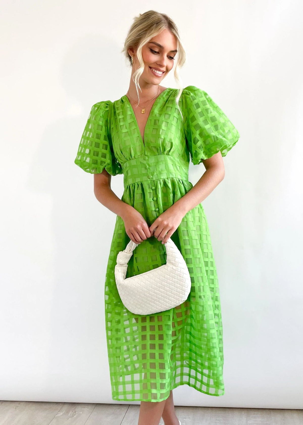Rosalind | Women's V-Neck Puff Sleeve Textured Midi Wedding Guest Dress