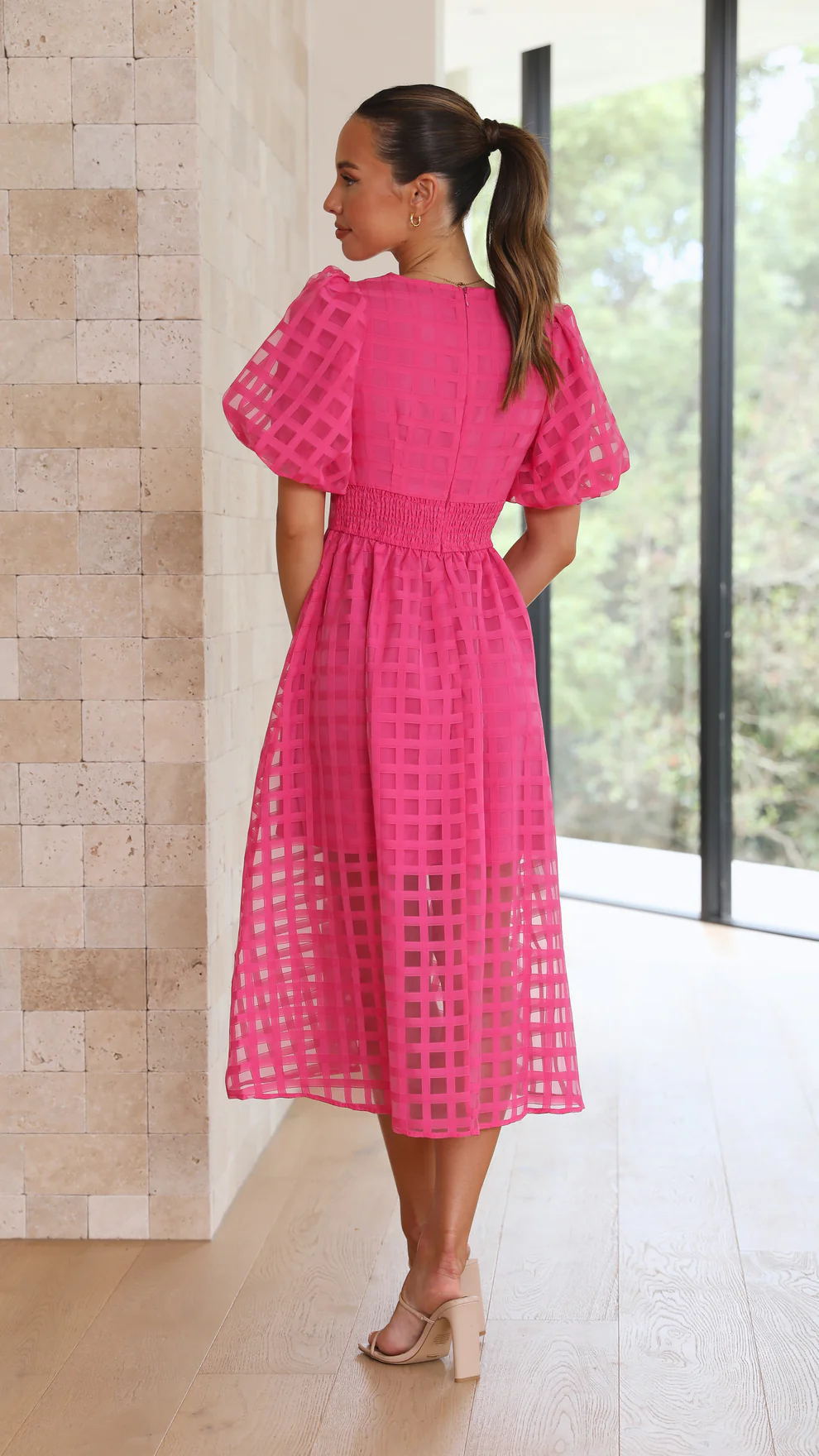 Rosalind | Women's V-Neck Puff Sleeve Textured Midi Wedding Guest Dress