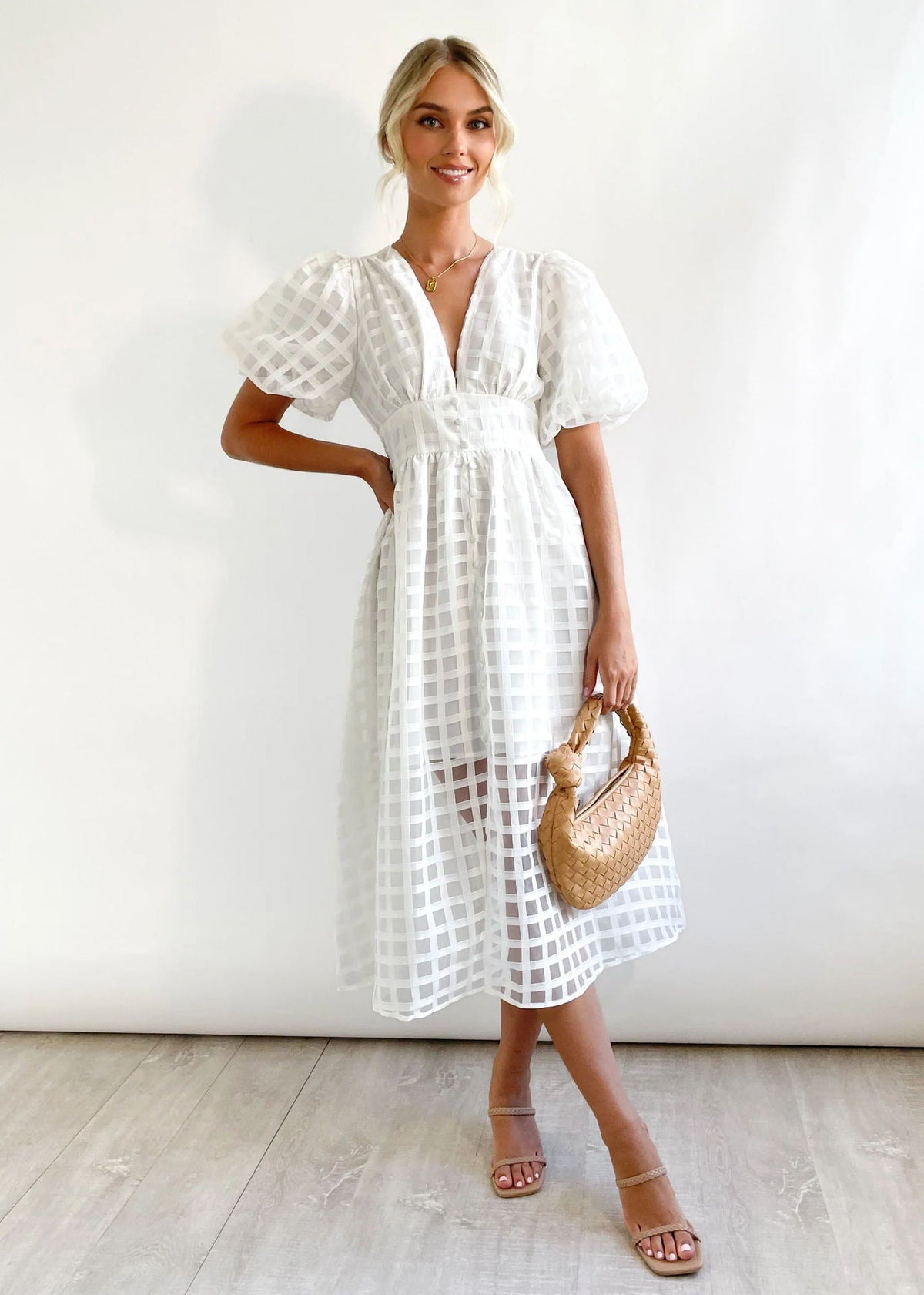 Rosalind | Women's V-Neck Puff Sleeve Textured Midi Wedding Guest Dress