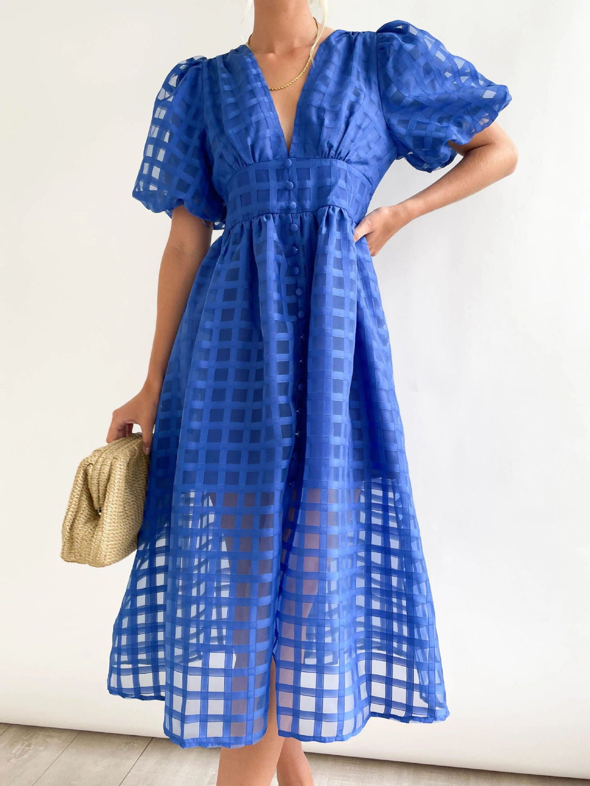 Rosalind | Women's V-Neck Puff Sleeve Textured Midi Wedding Guest Dress