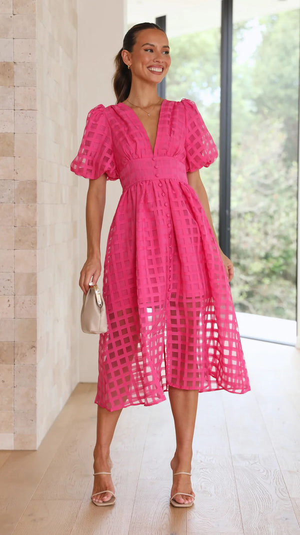 Rosalind | Women's V-Neck Puff Sleeve Textured Midi Wedding Guest Dress