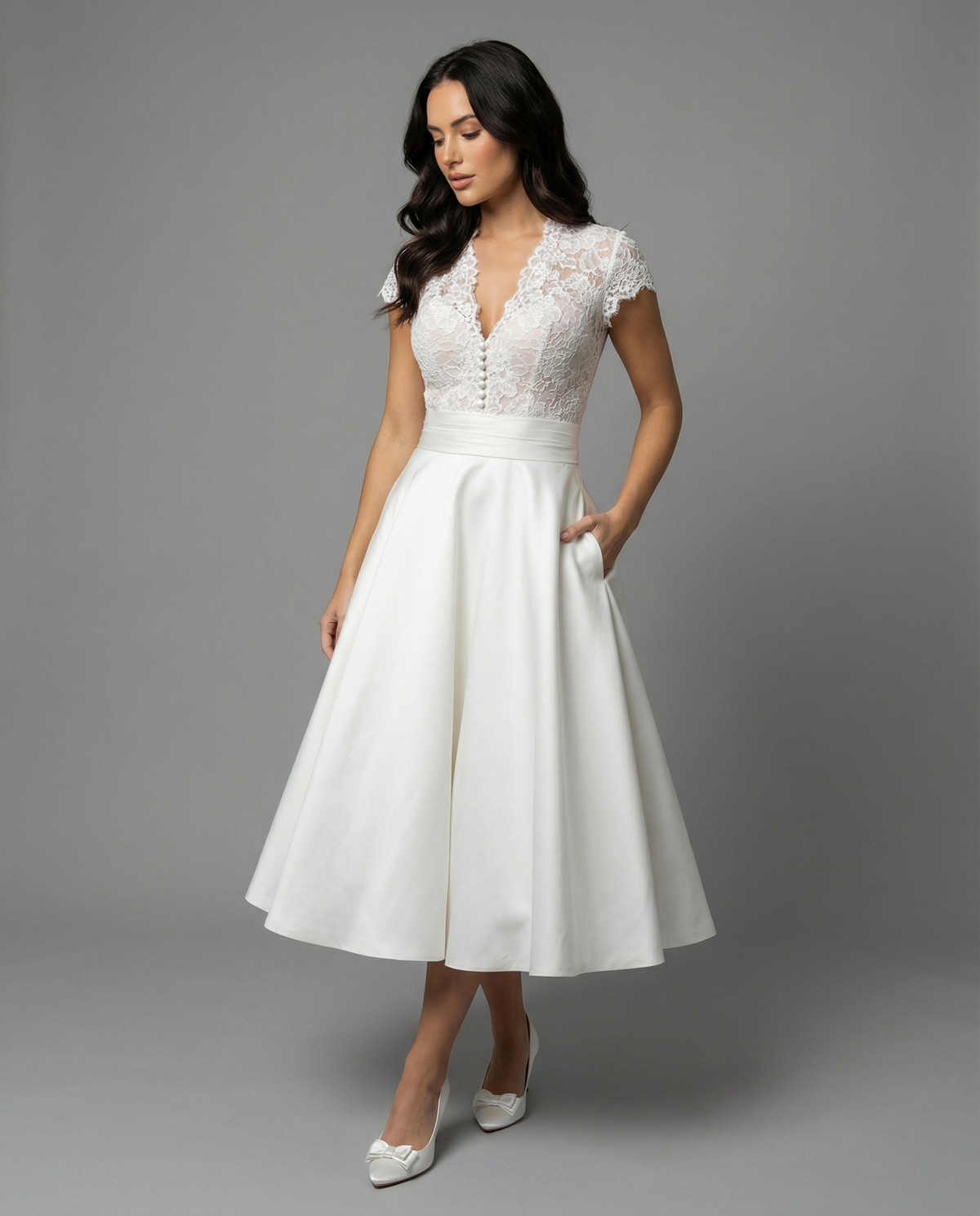 Sabine | Women's Lace V-Neck Short Sleeve Midi Hens Party Dress
