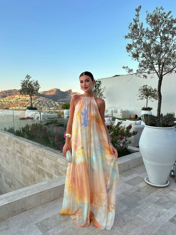 Seraphina | Women's Abstract Print Halter Maxi Summer Wedding Guest Dress