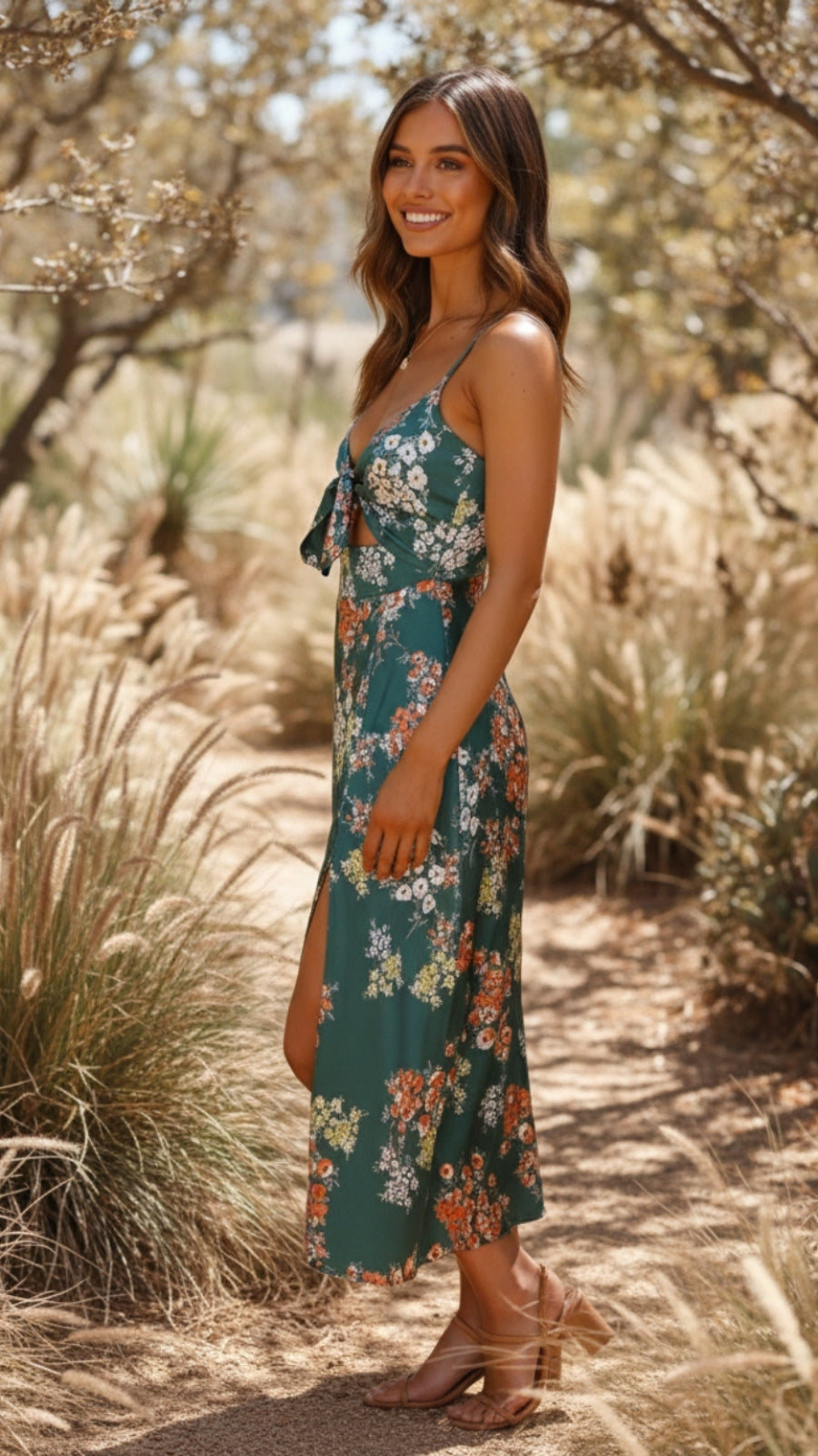 Thalia | Women's Floral Tie-Front Cut-Out Midi Summer Dress