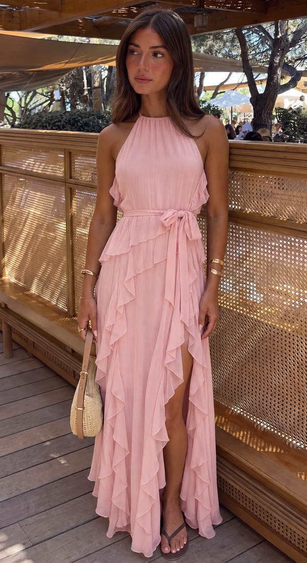 Violetta | Women's Ruffled High Neck Slit Maxi Wedding Guest Dress