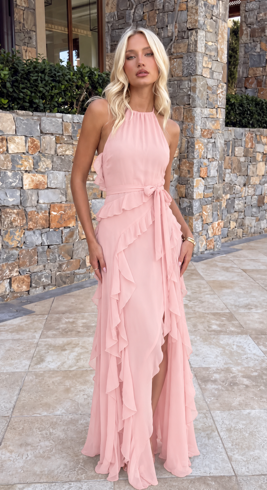 Violetta | Women's Ruffled High Neck Slit Maxi Wedding Guest Dress