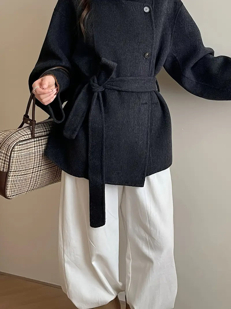 Women's Button-Front Coat with Waist Tie Belt