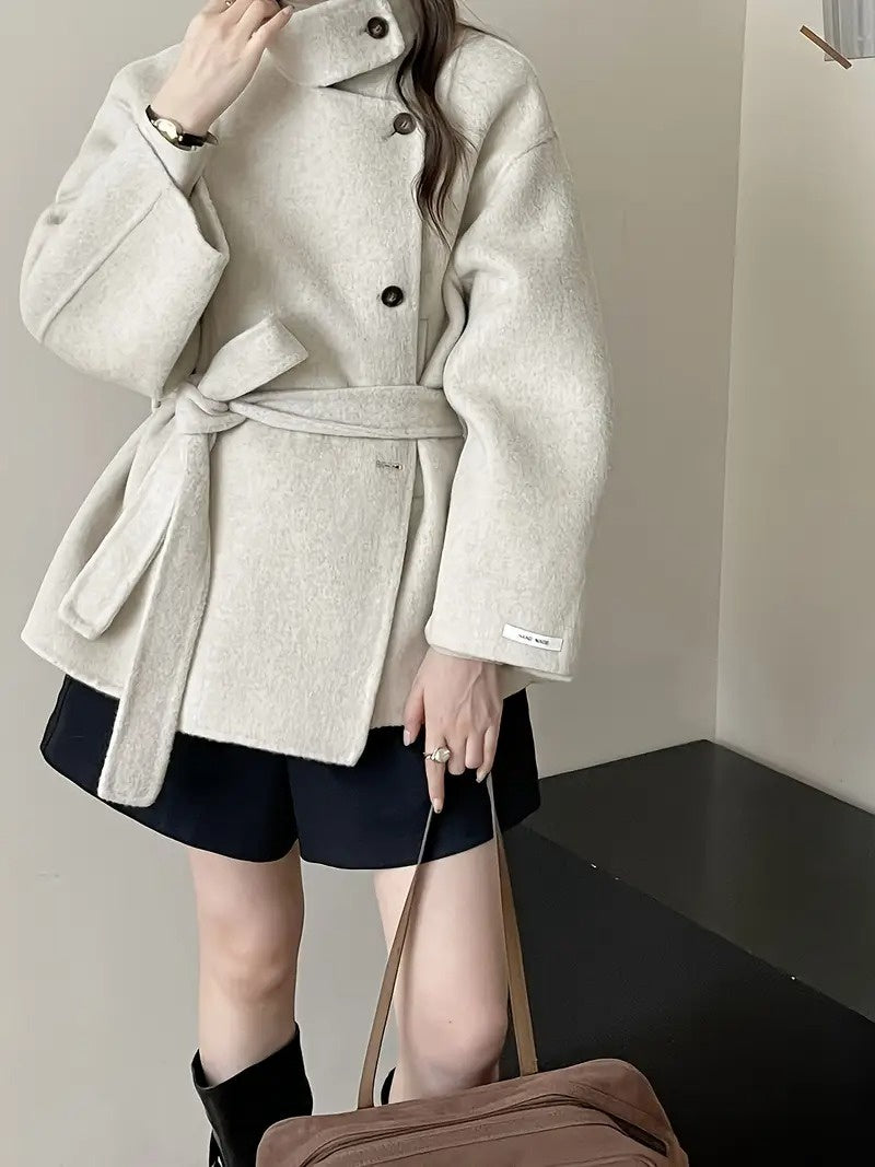 Women's Button-Front Coat with Waist Tie Belt