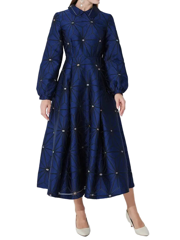 Women's Geometric Print Midi Dress with Collar