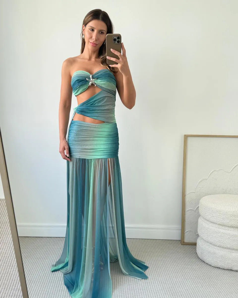 Celestine | Women's Ruched Strapless Cut-Out Maxi Evening Dress