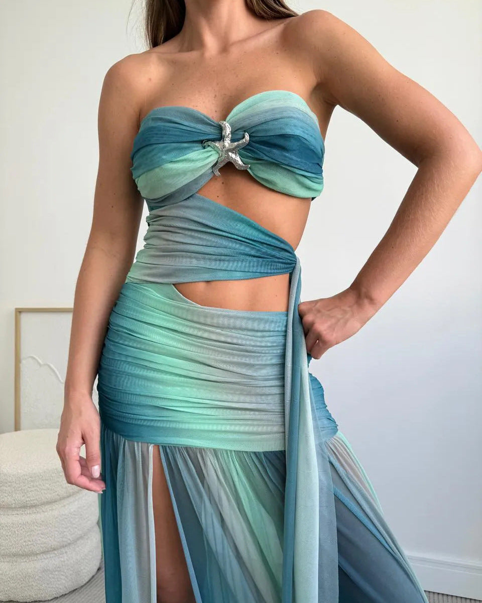 Celestine | Women's Ruched Strapless Cut-Out Maxi Evening Dress