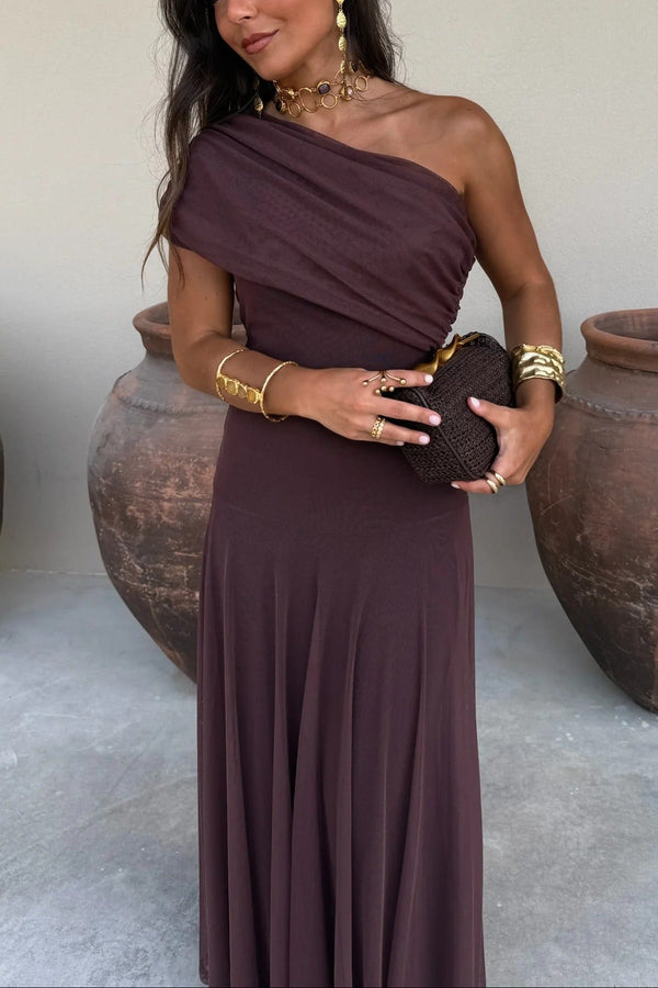Isolde | Women's Ruched One-Shoulder Drop-Waist Maxi Wedding Guest Dress