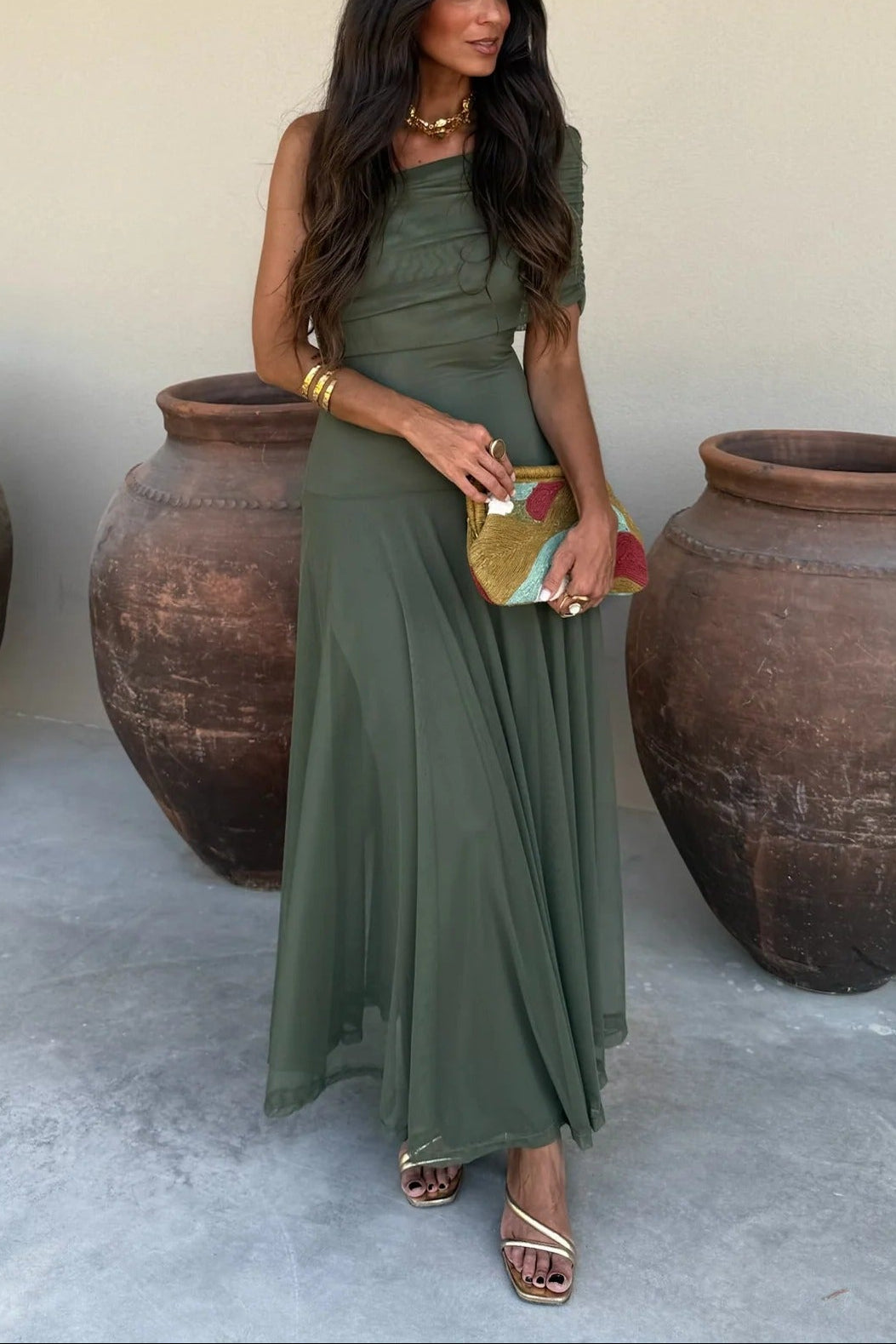 Isolde | Women's Ruched One-Shoulder Drop-Waist Maxi Wedding Guest Dress