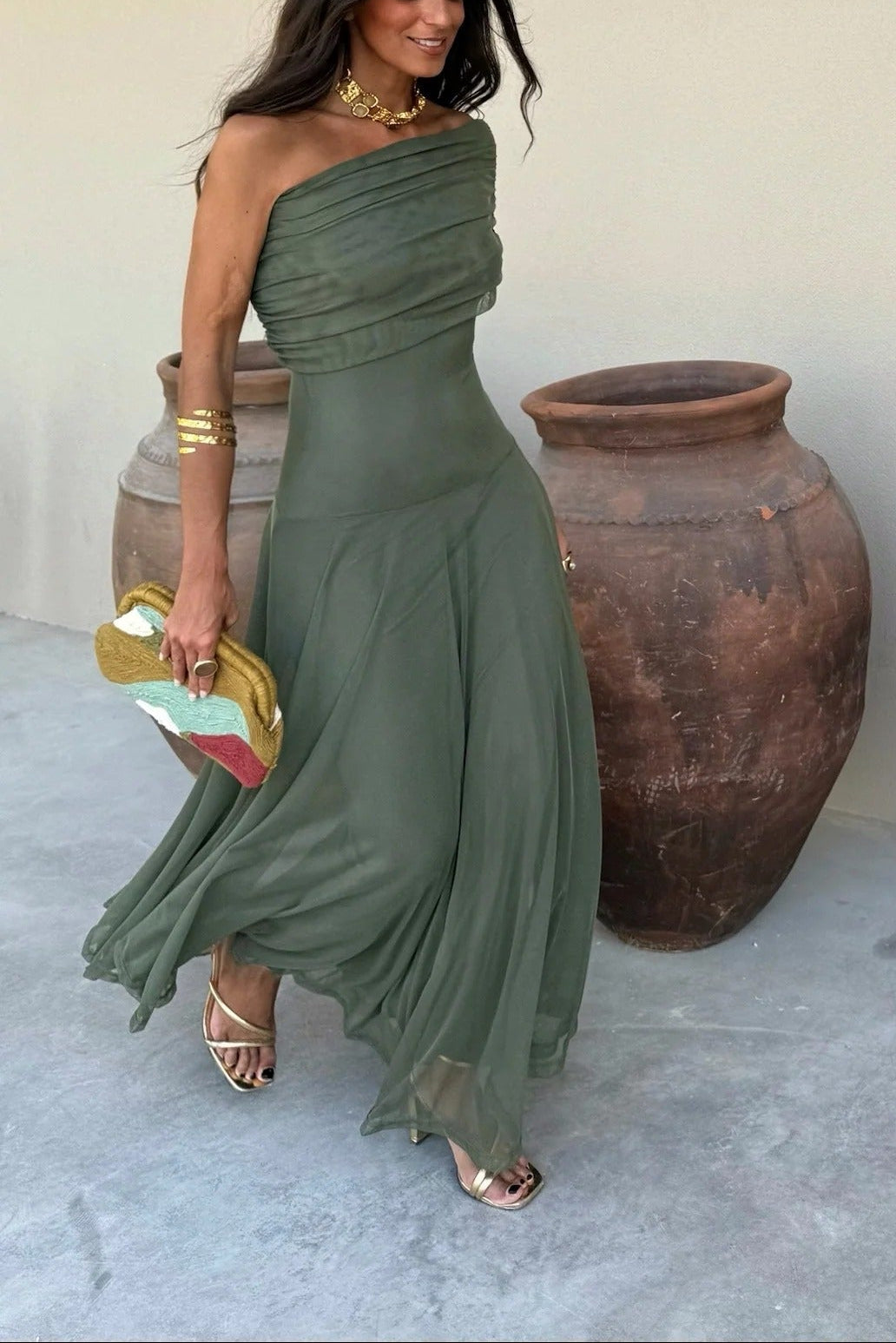 Isolde | Women's Ruched One-Shoulder Drop-Waist Maxi Wedding Guest Dress