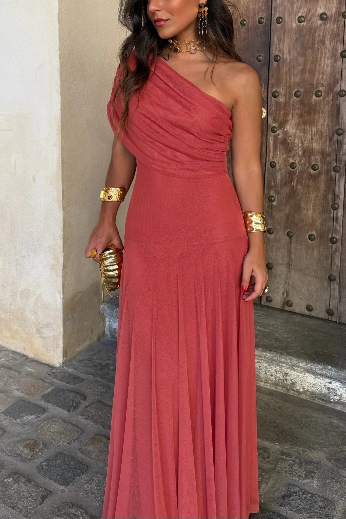 Isolde | Women's Ruched One-Shoulder Drop-Waist Maxi Wedding Guest Dress