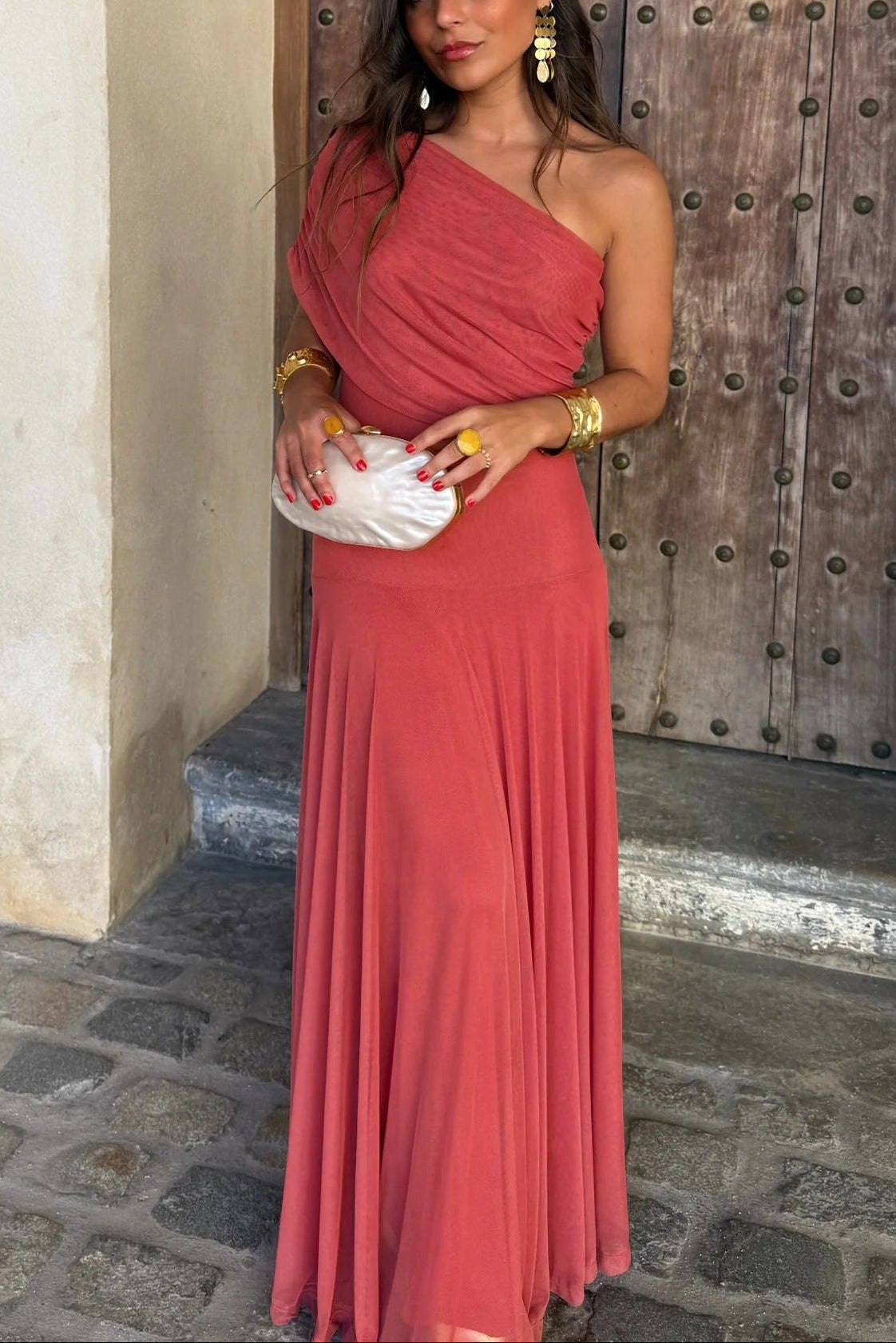 Isolde | Women's Ruched One-Shoulder Drop-Waist Maxi Wedding Guest Dress