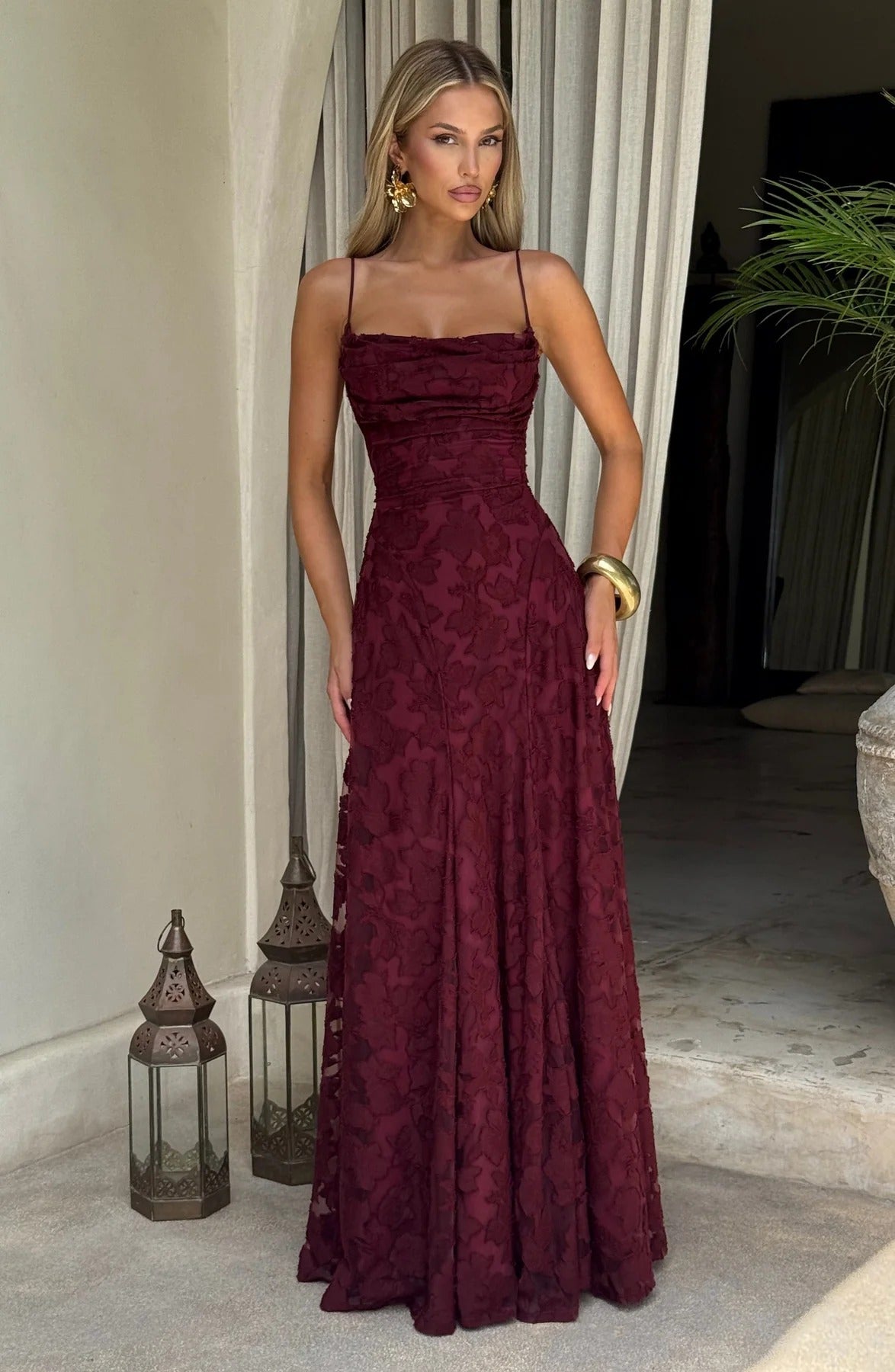 Adelina | Women's Floral Lace Spaghetti Strap Maxi Wedding Guest Dress