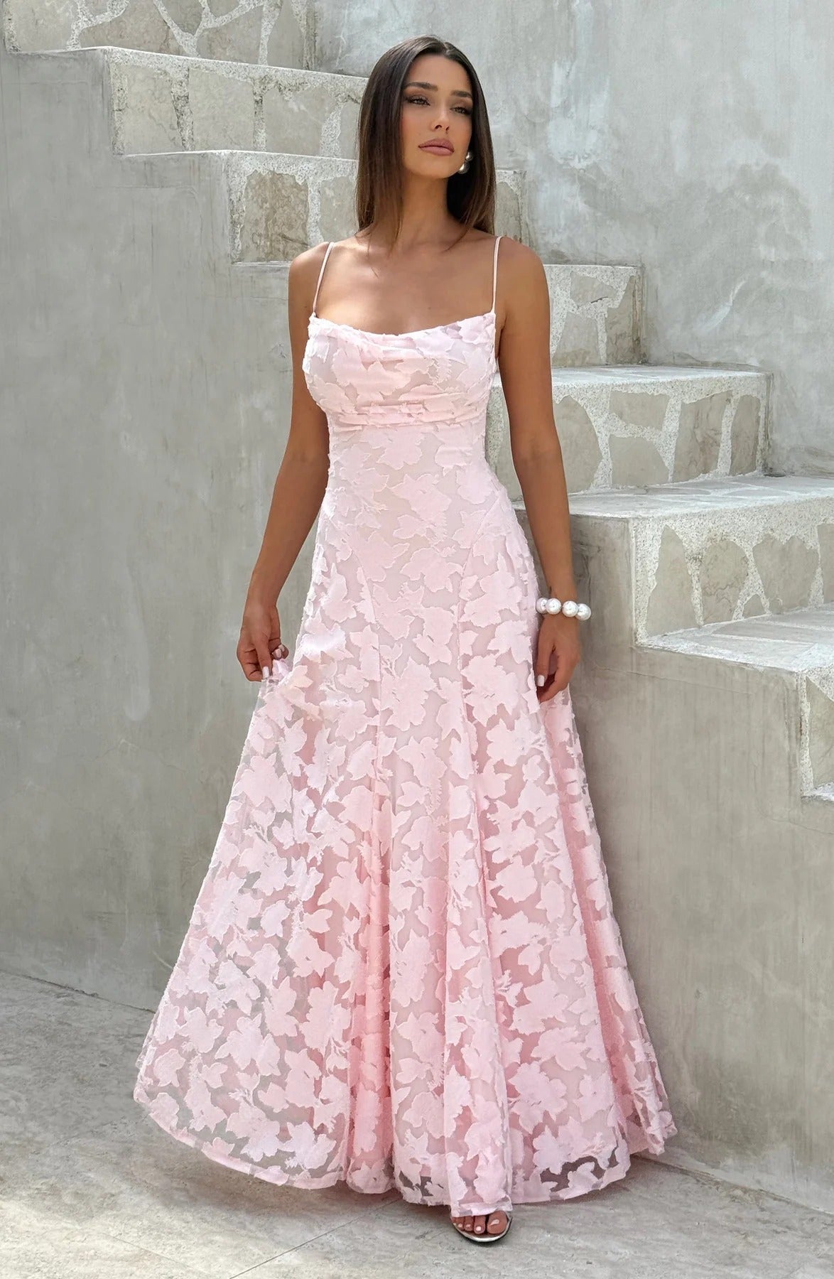Adelina | Women's Floral Lace Spaghetti Strap Maxi Wedding Guest Dress