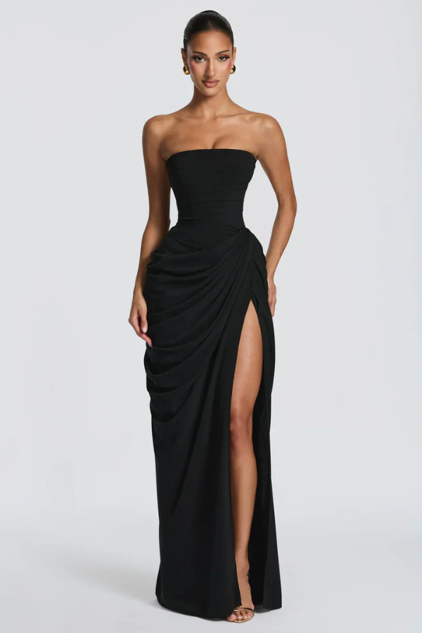 Alessia | Women's Ruched Strapless High-Slit Maxi Hens Party Dress