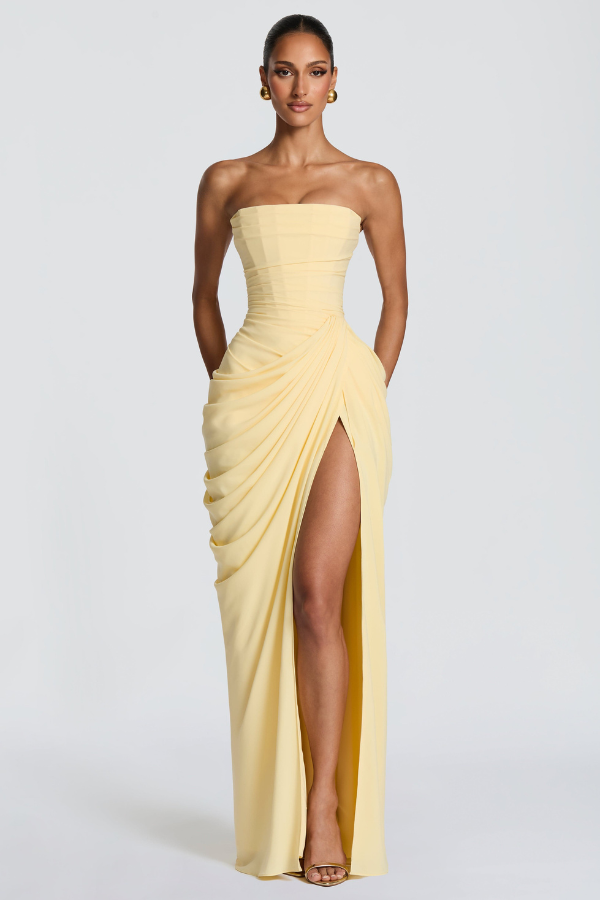Alessia | Women's Ruched Strapless High-Slit Maxi Hens Party Dress