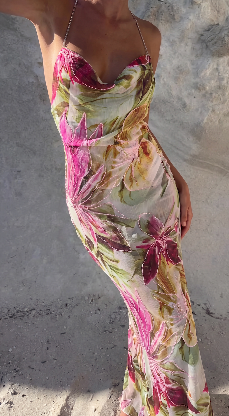 Amaris | Women's Floral Cowl Neck Spaghetti Strap Maxi Summer Dress