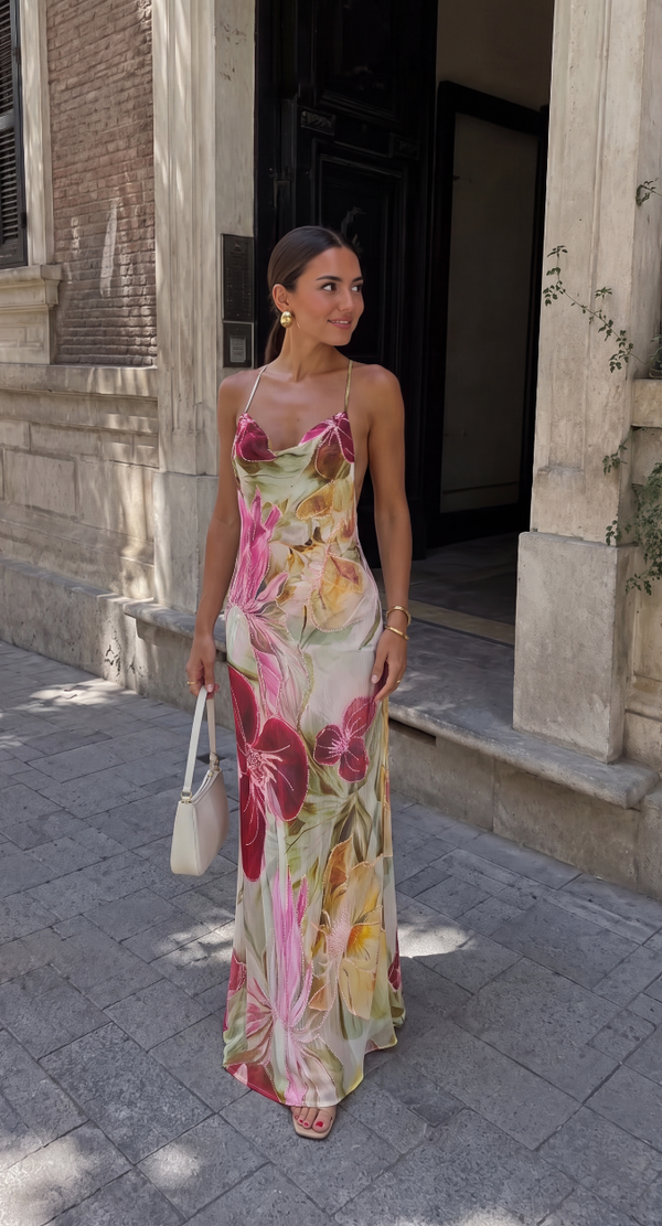 Amaris | Women's Floral Cowl Neck Spaghetti Strap Maxi Summer Dress