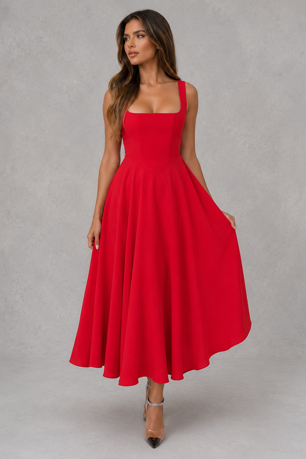 Anouk | Women's Square Neck Fit and Flare Midi Summer Dress